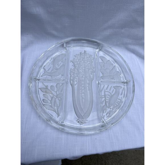 Vintage 10 Inch 5 Section Vegetable Tray Etched Fish Lobster Celery Vegetables - Picture 7 of 8